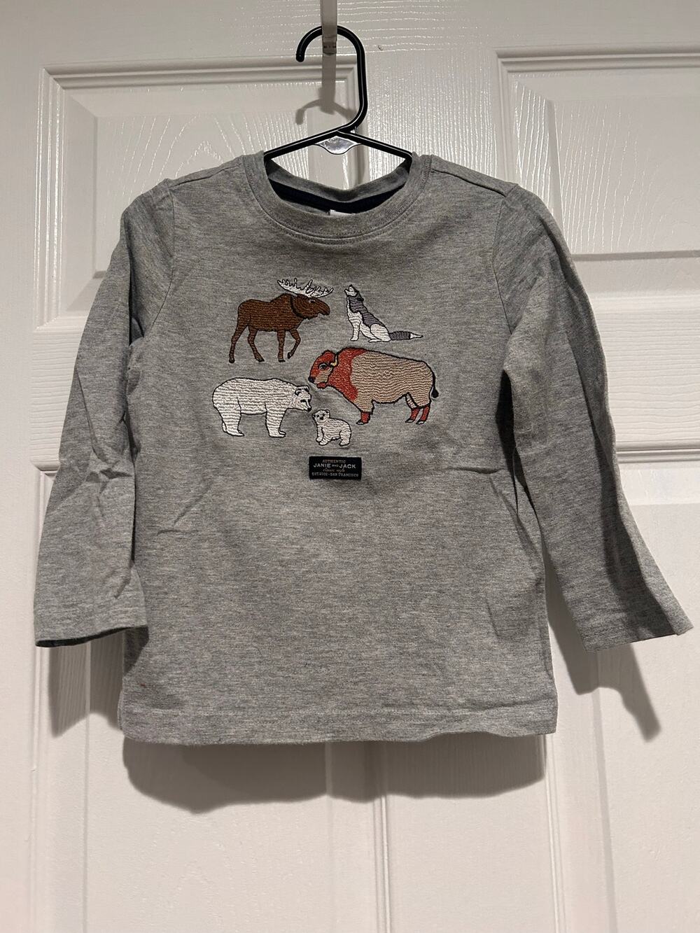 Janie and Jack Boys 2T Woodland Friends Embroidered Animal LS Tee Heather Grey